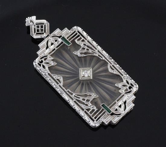 A 1930s Art Deco white metal and star cut frosted glass? pendant, 1.75in inc. bale.